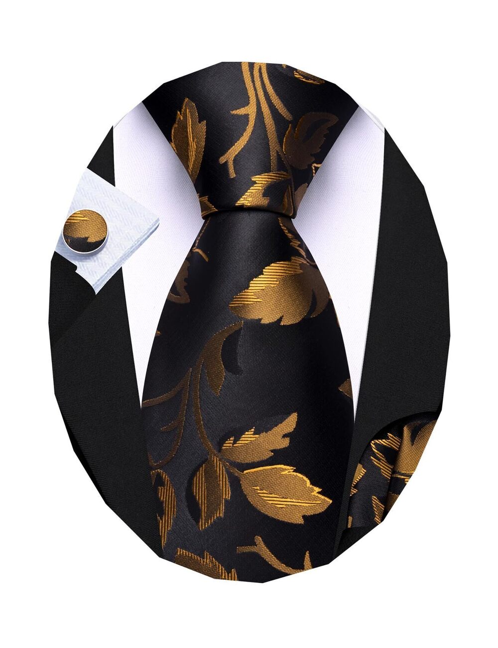5402 Black Gold Flower Ties Silk Woven Floral Tie Sets Necktie Handkerchief